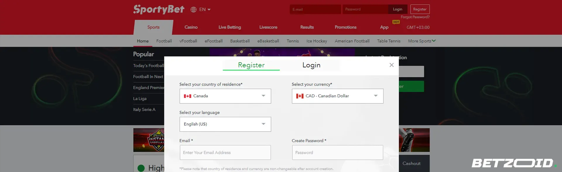 Sportybet registration page in Canada.